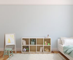 Box shelf storage and art in childrens room